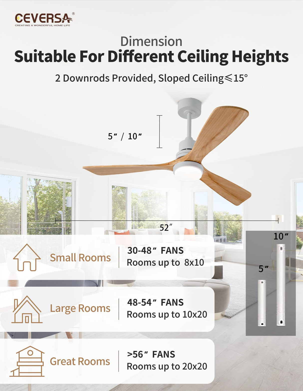 Ceversa 52 Inch Solid Wood Ceiling Fan with Light and Remote Control,3 Blades Natural Wood Modern Ceiling Fan Craftmade Noiseless Quiet for Living Room Bedroom Farmhouse Indoor Outdoor Ceversa