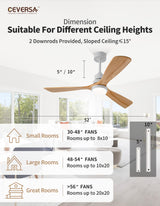 Ceversa 52 Inch Solid Wood Ceiling Fan with Light and Remote Control,3 Blades Natural Wood Modern Ceiling Fan Craftmade Noiseless Quiet for Living Room Bedroom Farmhouse Indoor Outdoor Ceversa
