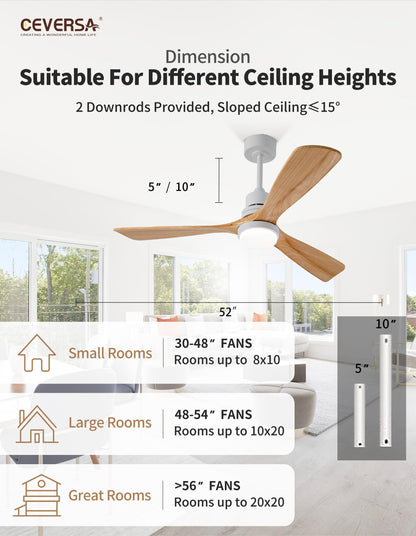 Ceversa 52 Inch Solid Wood Ceiling Fan with Light and Remote Control,3 Blades Natural Wood Modern Ceiling Fan Craftmade Noiseless Quiet for Living Room Bedroom Farmhouse Indoor Outdoor - WoodArtSupply