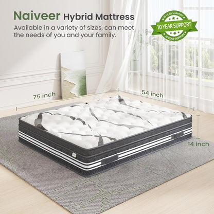 Naiveer Full Size Mattress in a Box 14 Inch Full Memory Foam Hybrid Mattress with Individually Wrapped Coils CertiPUR-US Certified Foam Medium Firm Double Mattress for Back Pain & Overweight