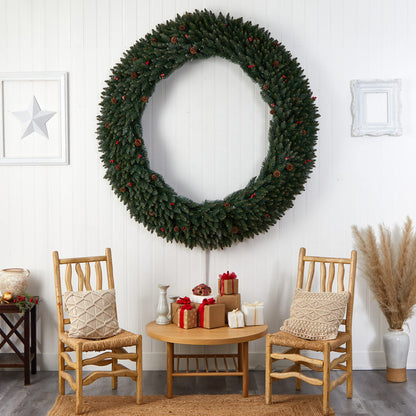 Nearly Natural 6ft. Large Flocked Artificial Christmas Wreath with Pinecones, Berries, 600 Clear LED Lights and 1080 Bendable Branches