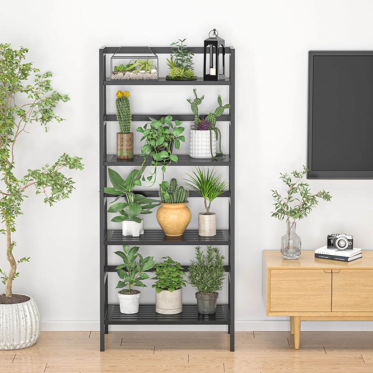 Homykic Bamboo Bookshelf 4-Tier Ladder Shelf, 49.2” Freestanding Open Bookcase Book Shelf Bathroom Storage Shelf Unit Plant Stand for Small Space, Living Room, Bedroom, Home Office, Black Homykic