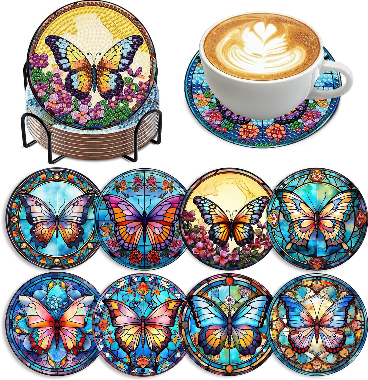 Zythron 8 PCS Butterfly Diamond Art Coasters Diamond Painting Coasters Kits with Holder Butterfly DIY Coaster for Beginners, Adults, Diamond Art Crafts Supplies 4x4 in Zythron