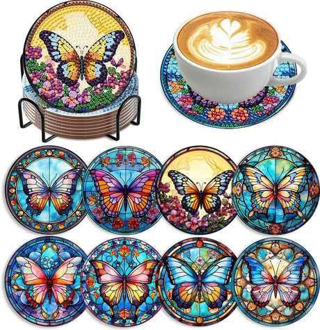 Zythron 8 PCS Butterfly Diamond Art Coasters Diamond Painting Coasters Kits with Holder Butterfly DIY Coaster for Beginners, Adults, Diamond Art Crafts Supplies 4x4 in Zythron