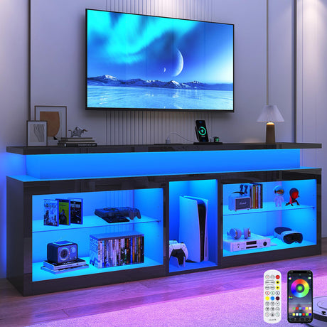 71" LED TV Stand with Power Outlet,60-Colors LED Lights for 65 70 80 in TV,High Gloss Gaming Entertainment Center w/Adjustable Shelves,Black TV Console with Modern Design for Living Room Bedroom Hlivelood