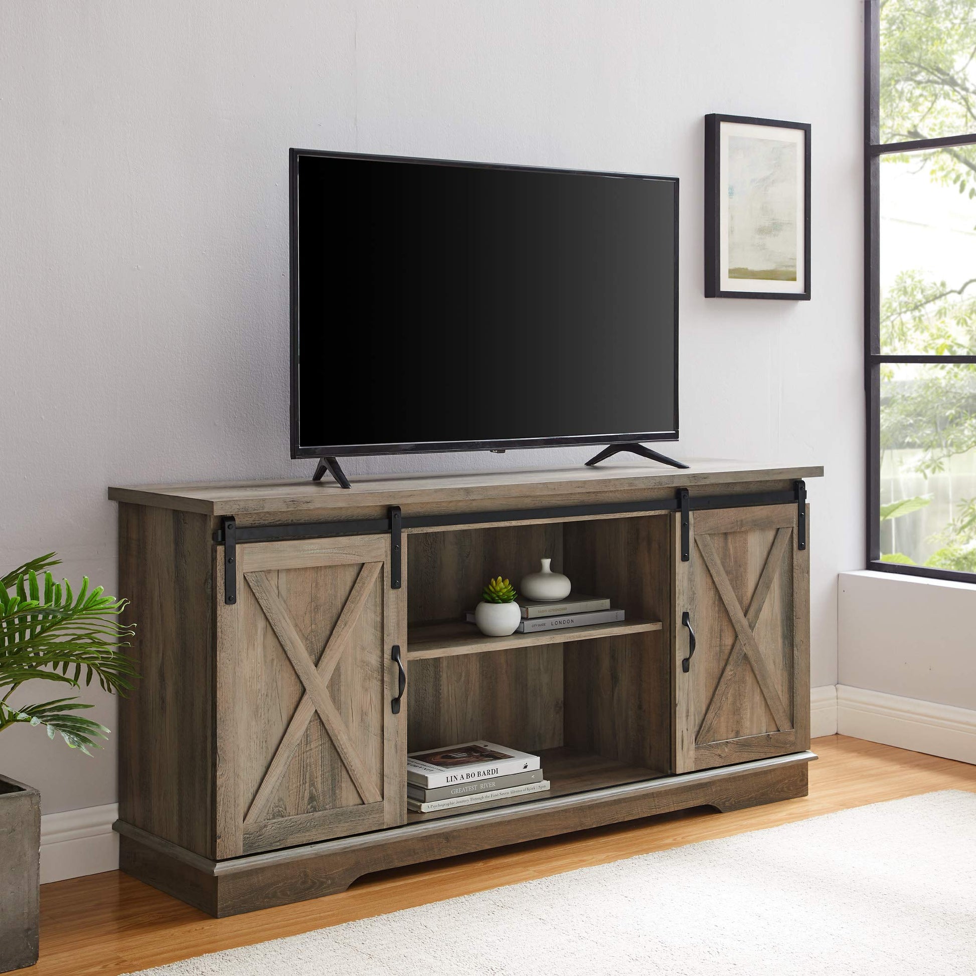 Walker Edison Richmond Modern Farmhouse Sliding Barn Door TV Stand for TVs up to 65 Inches, 58 Inch, Grey Wash - WoodArtSupply