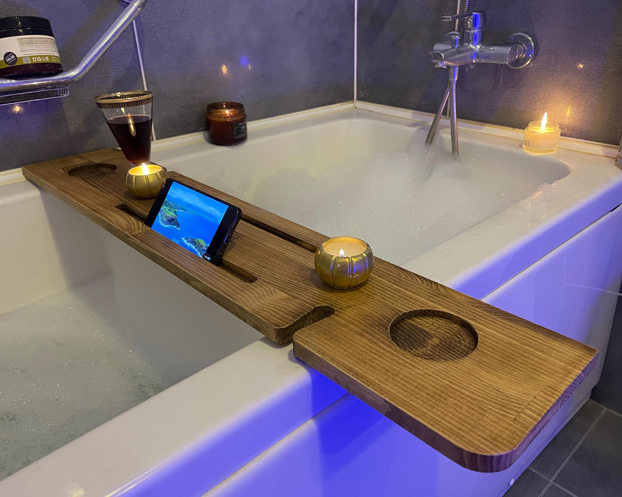 Handmade Wooden Bathtub Tray - 3 Different Size Options - Rustic Structure - Water Insulator - Bath Tray Caddy with Wine Glass Holder (36", BLACK BROWN) WOODCHES