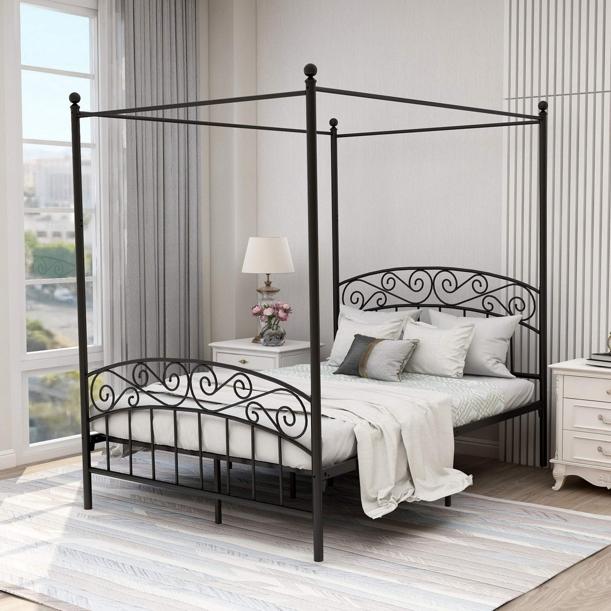 AUFANK Full Size Canopy Bed Frame Four-Poster Metal Platform Bed with Headboard and Footboard Sturdy Heavy Duty Steel Slat Support No Box Spring Needed Black AUFANK