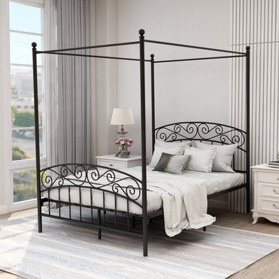 AUFANK Full Size Canopy Bed Frame Four-Poster Metal Platform Bed with Headboard and Footboard Sturdy Heavy Duty Steel Slat Support No Box Spring Needed Black