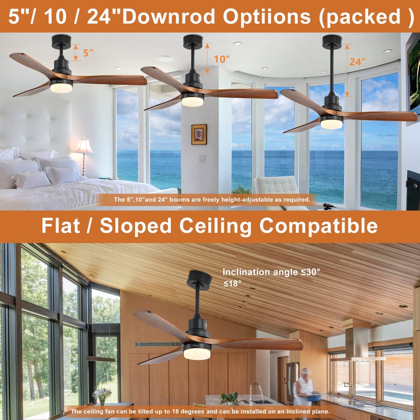 Sofucor 52" Ceiling Fan with Lights Remote Control, 3 Poles for Indoor Outdoor Ceiling Fan with Remote, Reversible Noiseless ETL Motor, 3 Walnut Wooden Blades - WoodArtSupply