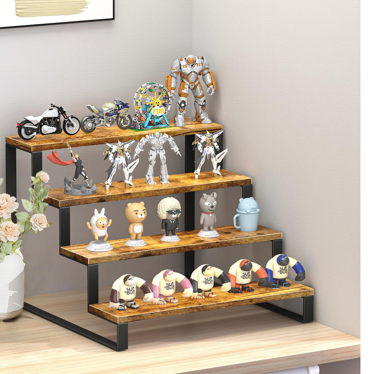 ELITEROO Wood Display Riser Stand, Wooden 4-Tier Retail Display Rack, Tiered Widened Display Stands Organizer, Open Display Shelf Table Top Counter Shelves for Cupcake Liquor Bottle Spice Perfume ELITEROO