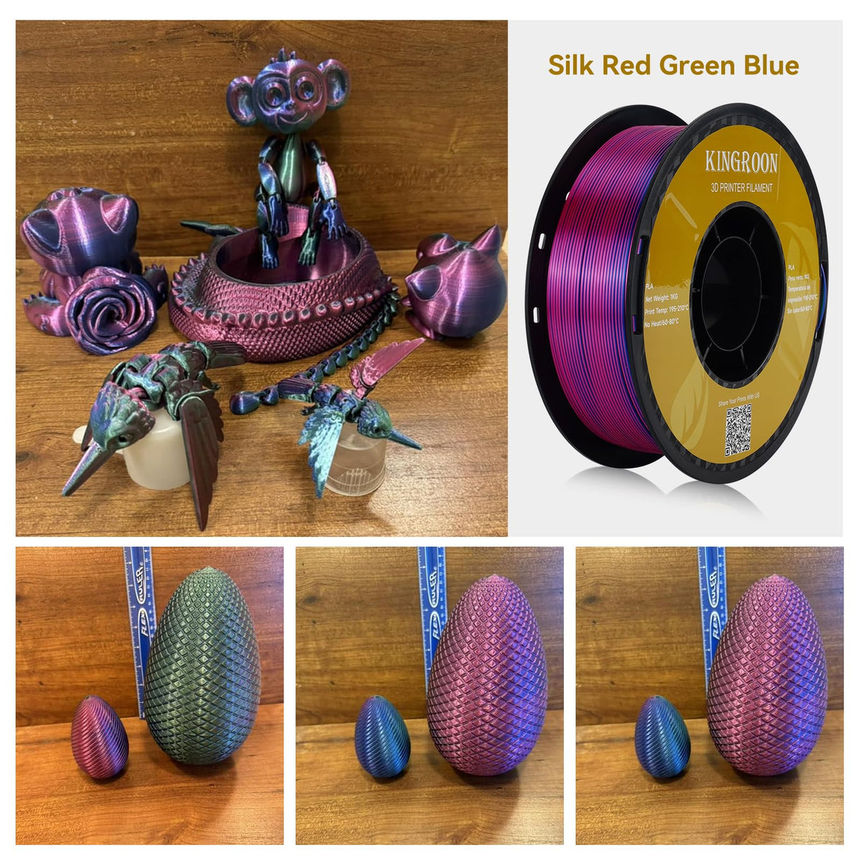 Kingroon PLA 3D Printer Filament, Triple Color Silk PLA Filament, Dimensional Accuracy +/- 0.03 mm, 1 kg Spool(2.2lbs), 1.75 mm, Red Blue Green Kingroon