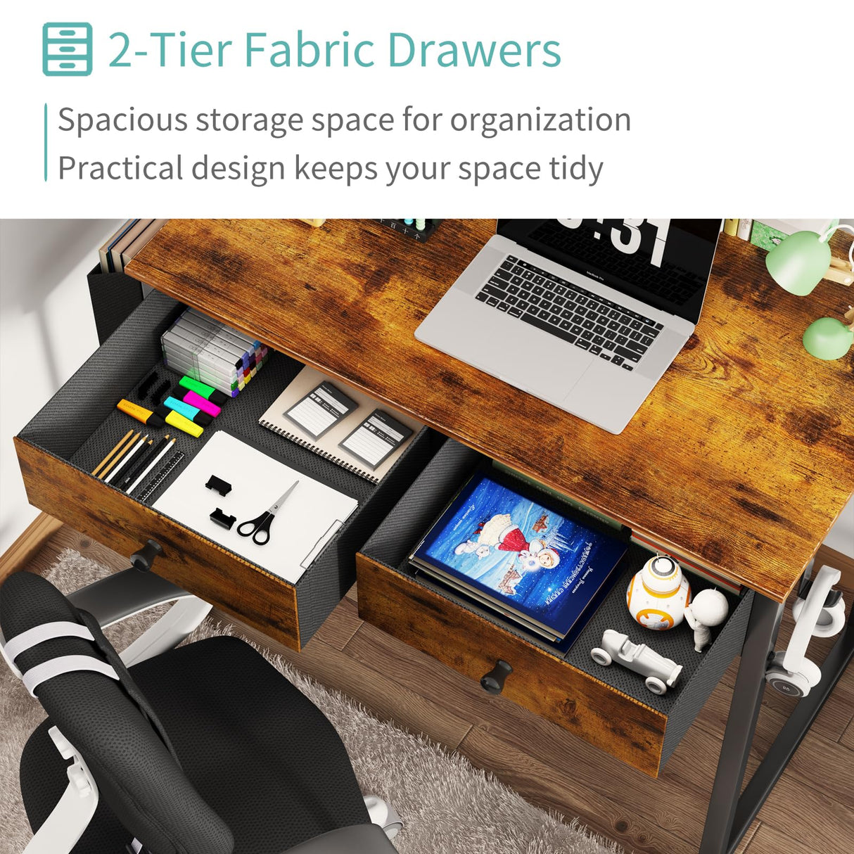 Lufeiya Small Computer Desk with 2 Drawers for Bedroom, 31 Inch Home Office Desk with Storage Fabric Drawer and Bag, Study Writing Table for Small Spaces, Rustic Brown Lufeiya