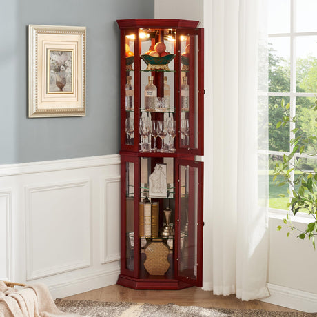 nifoti 69" H Lighted Curio Cabinet Corner Display Case, Corner Glass Cabinet with Tempered Glass Door & Adjustable Shelves, Wooden Corner Curio Cabinet w/Mirrored Back Pane for Living Room(Cherry) nifoti