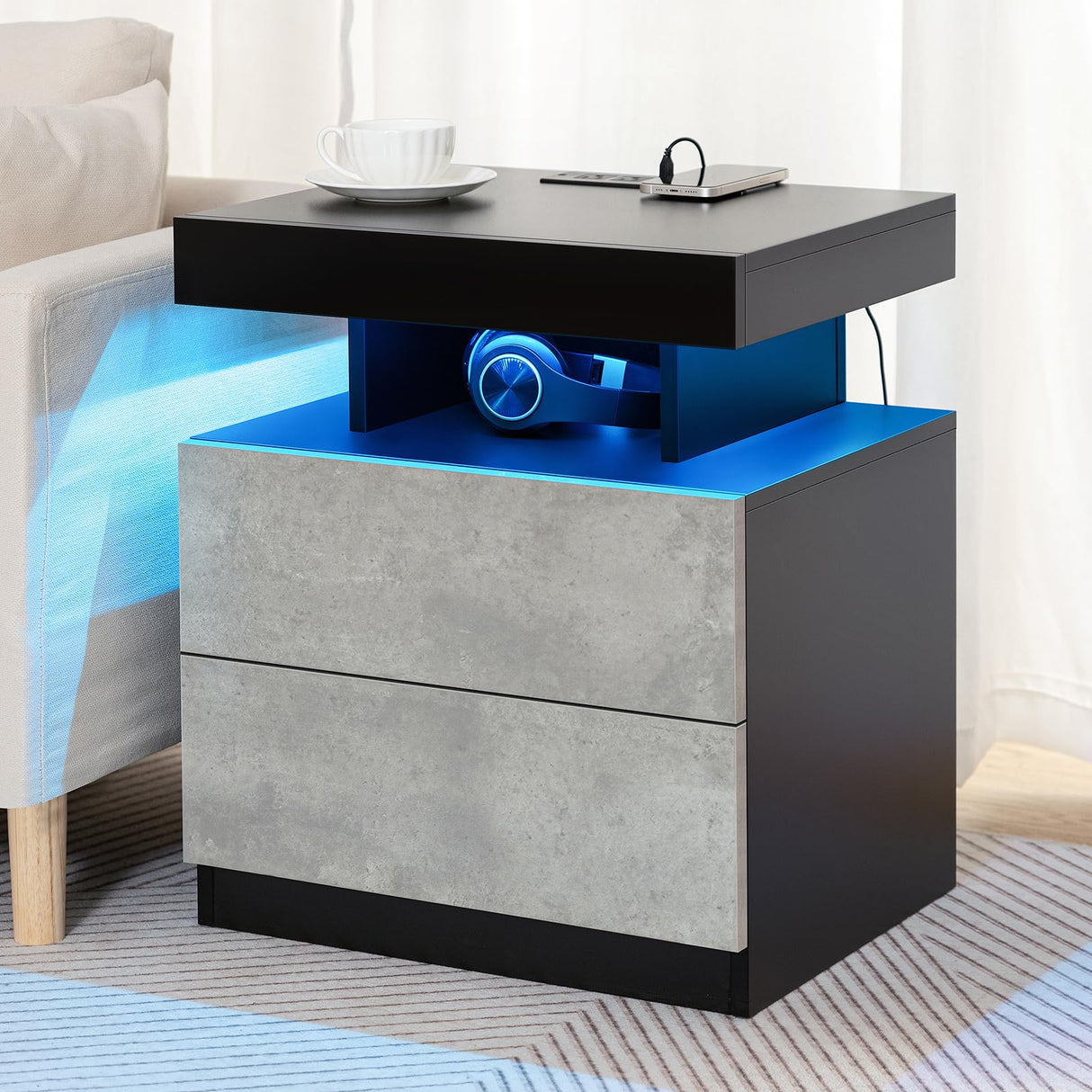 HOMMPA LED Nightstand with Wireless Charging Station & USB Ports High Gloss Bedside Table with LED Light RGB Adjustable Brightness Smart Nightstand 2 Drawers Night Stand for Bedroom Grey HOMMPA