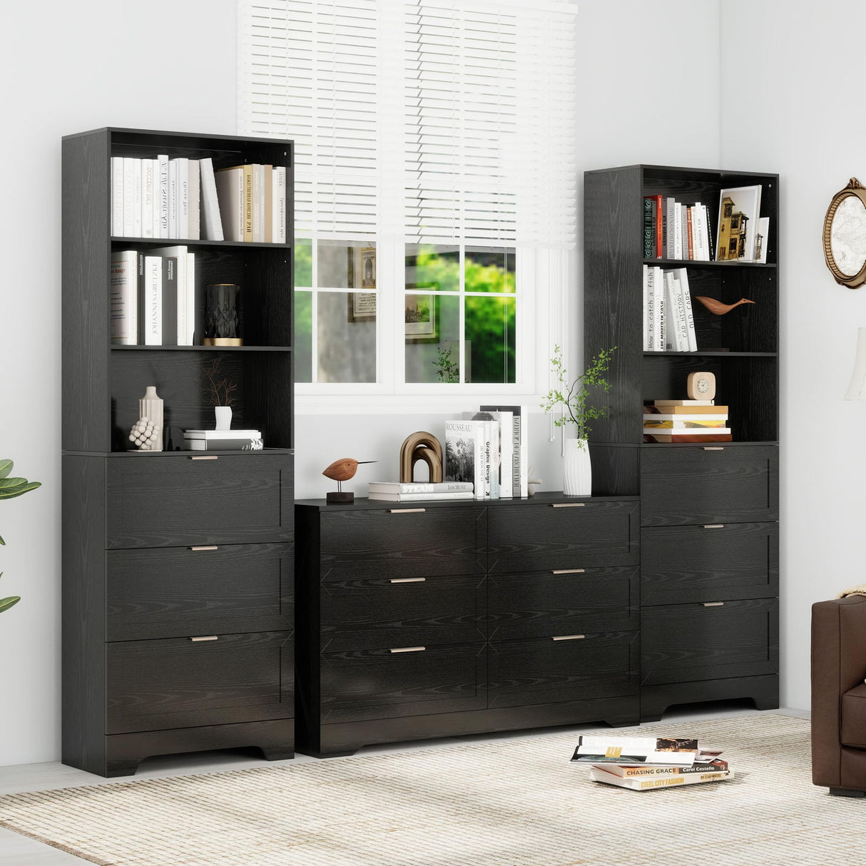FTZxHKLX Modern Black Bookshelves and Bookcases with Drawers, 6 Tier Tall Bookshelf with Drawers, Industrial Wood Bookcase, Floor Standing Display Case with Storage,Living Room,Office FTZxHKLX