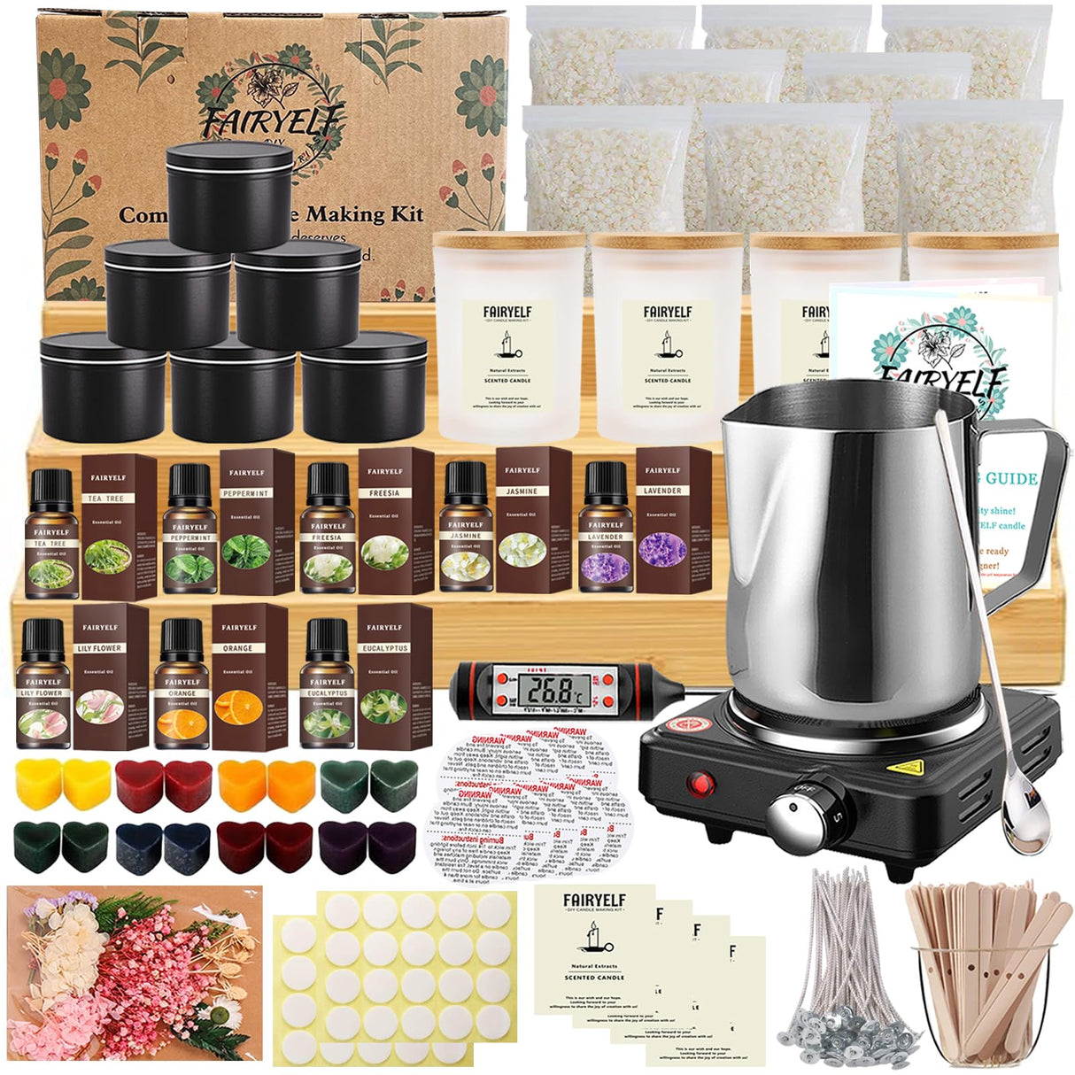 FAIRYELF Complete Candle Making Kit with Wax Melter, DIY Candle Craft Tools for Adults, Candle Art & Craft Kit Candle Making Supplies with Melting Pot, Soy Wax, Dyes Etc - Starter Candle Making Kit FAIRYELF