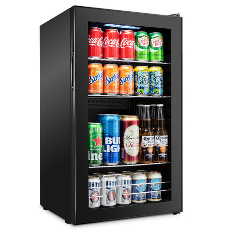 Ivation 126 Can Beverage Refrigerator | Freestanding Ultra Cool Mini Drink Fridge | Beer, Cocktails, Soda, Juice Cooler for Home & Office | Reversible Glass Door & Adjustable Shelving - Black Ivation