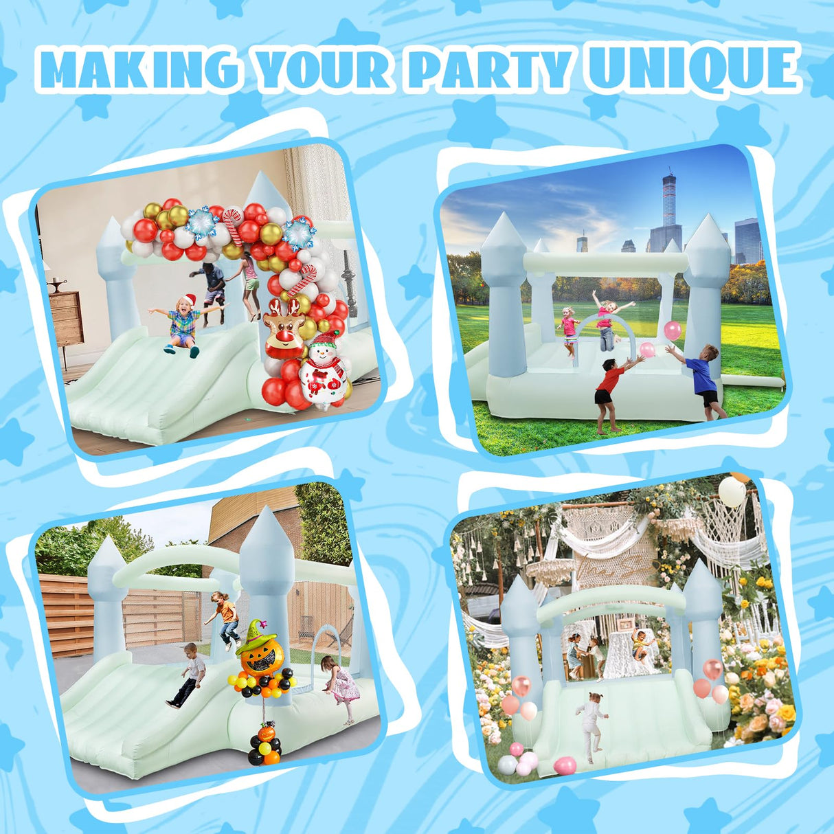 AKSPORT Inflatable Bounce House,White Castle Bounce House for Kids 3-6 Indoor & Outdoor Inflatable Bouncer House with Slide & Air Blower & Balloons for Kids Birthday Party,Wedding Party AKSPORT