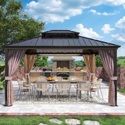 EAGLE PEAK 12x14 Hardtop Aluminum Gazebo, Outdoor Aluminum Frame Pavilion with Netting and Curtains, Galvanized Steel Double Roof, for Patio, Deck, Backyard, Garden, Brown - WoodArtSupply