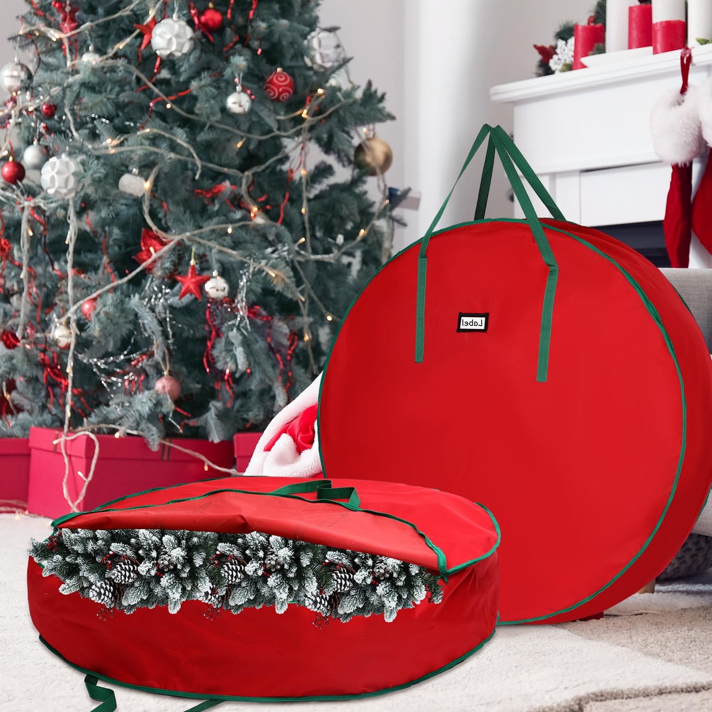 Wesnoy 1 Pcs 60 Inch Christmas Wreath Storage Bag Zippered Garland Holiday Container with Reinforced Handle Tear Resistant 600d Oxford Wreath Organizer Christmas Wreath Holder with Card (Red)