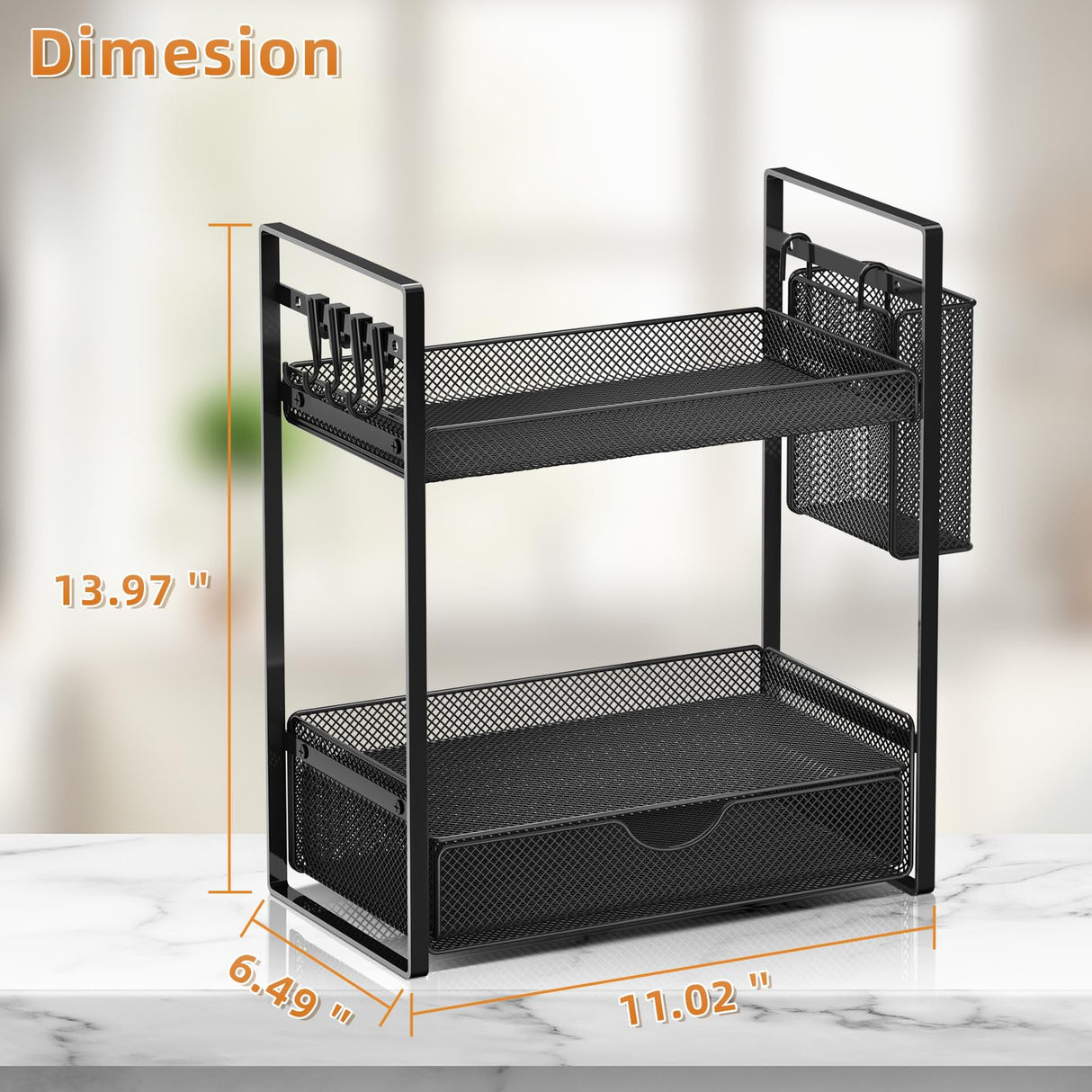 VITVITI 2 Tier Bathroom Organizer Countertop with Drawer, Metal Mesh Bathroom Counter Vanity Organizer Storage, Bath Room Shelf Sink Kitchen Spice Rack with Basket Hooks, Black VITVITI