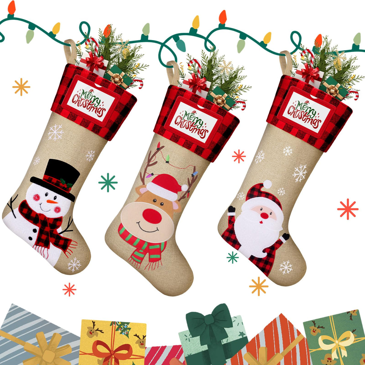 DeckTheHalls Christmas Stockings, 3 PCS Personalized Christmas Stocking, 19” Large Holiday & Family Stocking for Christmas Tree Decoration | Fireplace Party Decoration DeckTheHalls