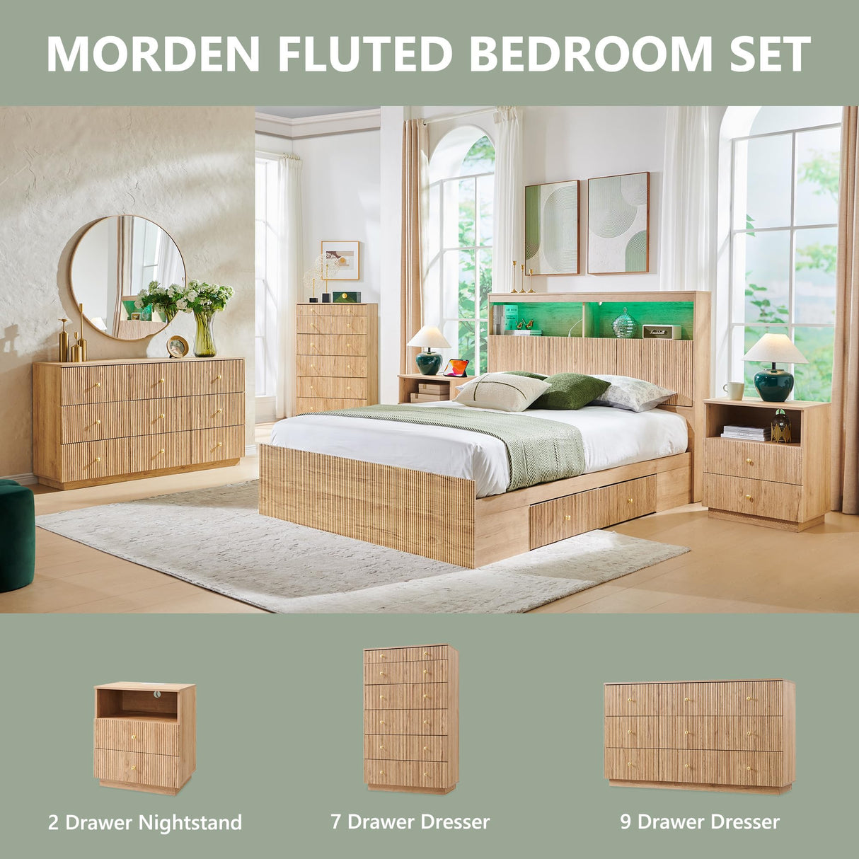 wow97e Fluted Dresser for Bedroom, 55" W 9 Drawer Dressers, Wood Tall Dresser Storage Organizer, Modern Bedroom Chest of Drawers with Deep Storage for Closet Hallway, Entryway, Living Room Natural wow97e