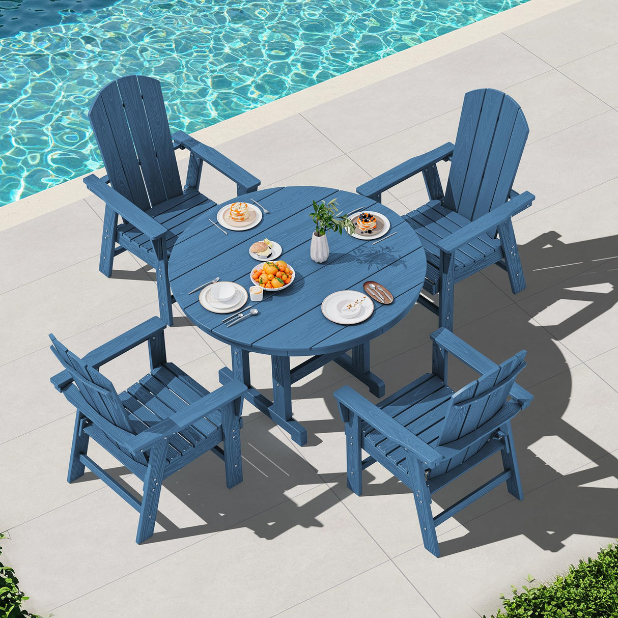 SERWALL 5-Piece Patio Dining Sets, HDPE Outdoor Table and Chairs Furniture Set, 45" Round Dining Table and 4 Adirondack Dining Chair, Navy SERWALL