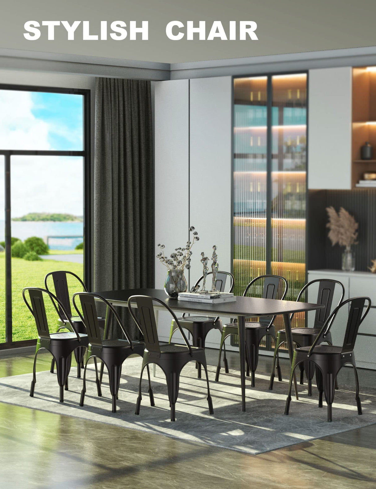 Nazhura Metal Dining Chair Farmhouse Tolix Style for Kitchen Dining Room Café Restaurant Bistro Patio, 18 Inch, Stackable, Waterproof Indoor/Outdoor (Sets of 4) (Black) Nazhura