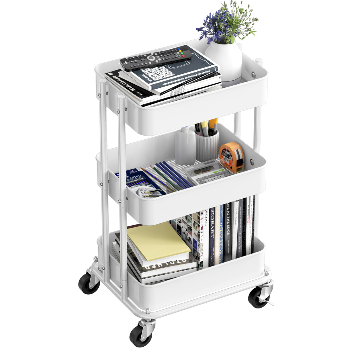 Simple Houseware 3-Tier Compact Utility Rolling Cart, Low 24” Height Fits Under Desk, Space-Saving Storage for Home Office, Dining Room, or Kitchen, White Simple Houseware