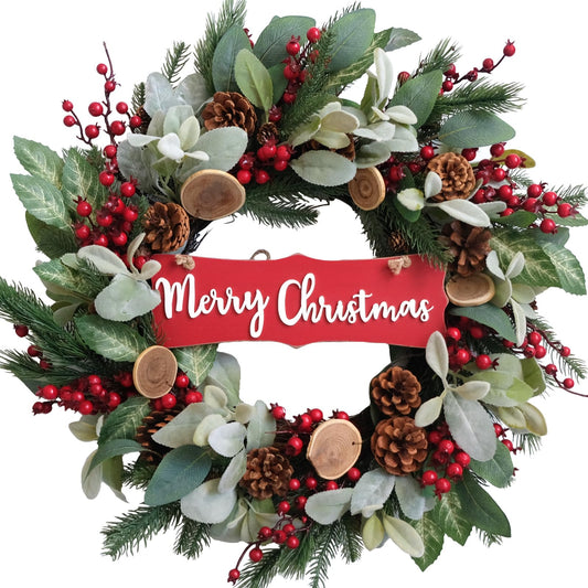 idyllic 24" Artificial Christmas Decoration Wreaths for Front Door with Lamb's Leaves Berries Pine Cones Winter Spring Wreath for Indoor Outdoor Home Wall Window Porch Decor