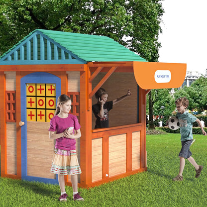 Outdoor Playhouse for Age 3-8 Years Boy Girl, Wooden Cottage Playhouse with 4 Game Awning Window, Ball Wall & Tetris. Play House for Outdoor Garden,