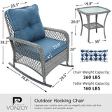 VONZOY Patio Furniture Set 3 Pieces, Wicker Rocking Bistro Set with Thick Cushions, Outdoor Rocker Chairs and Coffee Table for Porch, Backyard or Garden (Blue) VONZOY