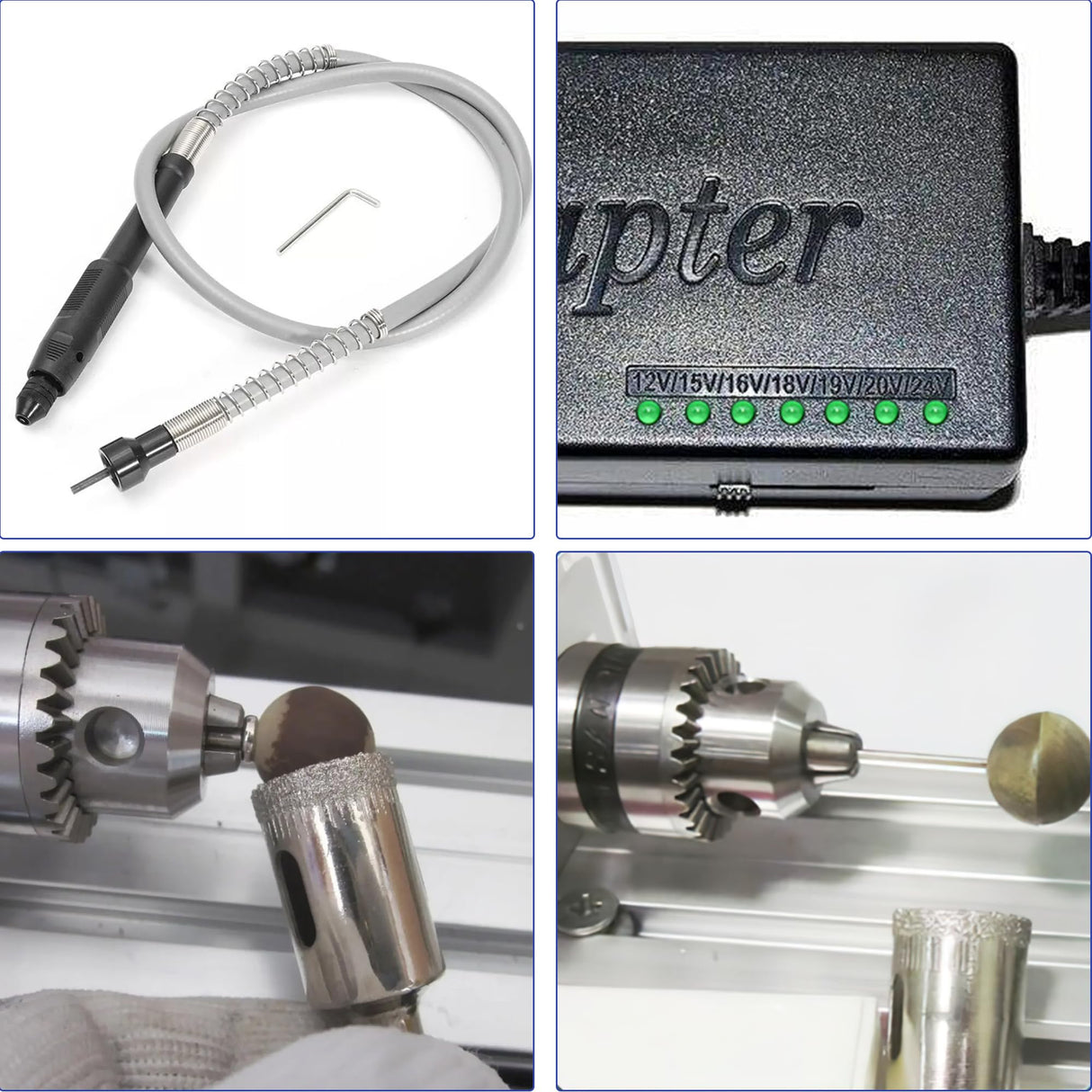 BERXOL Mini Wood Lathe Machine, 12V- 24VDC,7 Variabla Speeds 4000-9000 RPM, with Wood Lathe Milling Accessories, for Wood Polishing, Grinding, Cutting and Milling DIY … (A) BERXOL