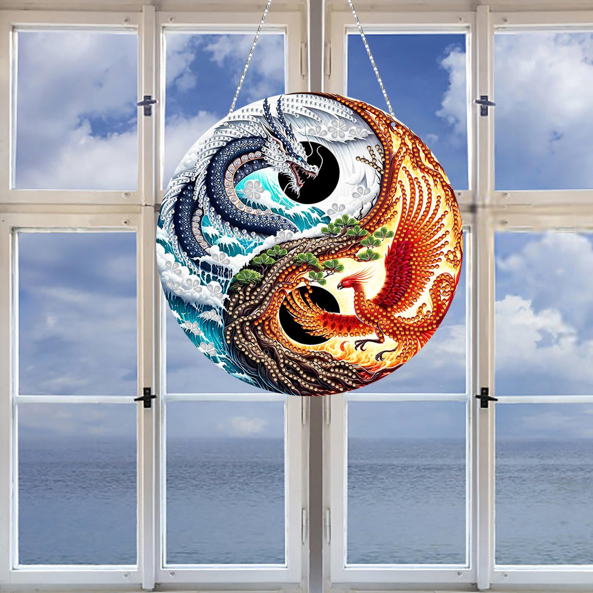 Generic DIY Hanging Diamond Pendant Special Shaped Crystal Diamond Art Painting Ornament Single Sided for Window Home Garden Wall Door Decor-Dragon & Phoenix Generic