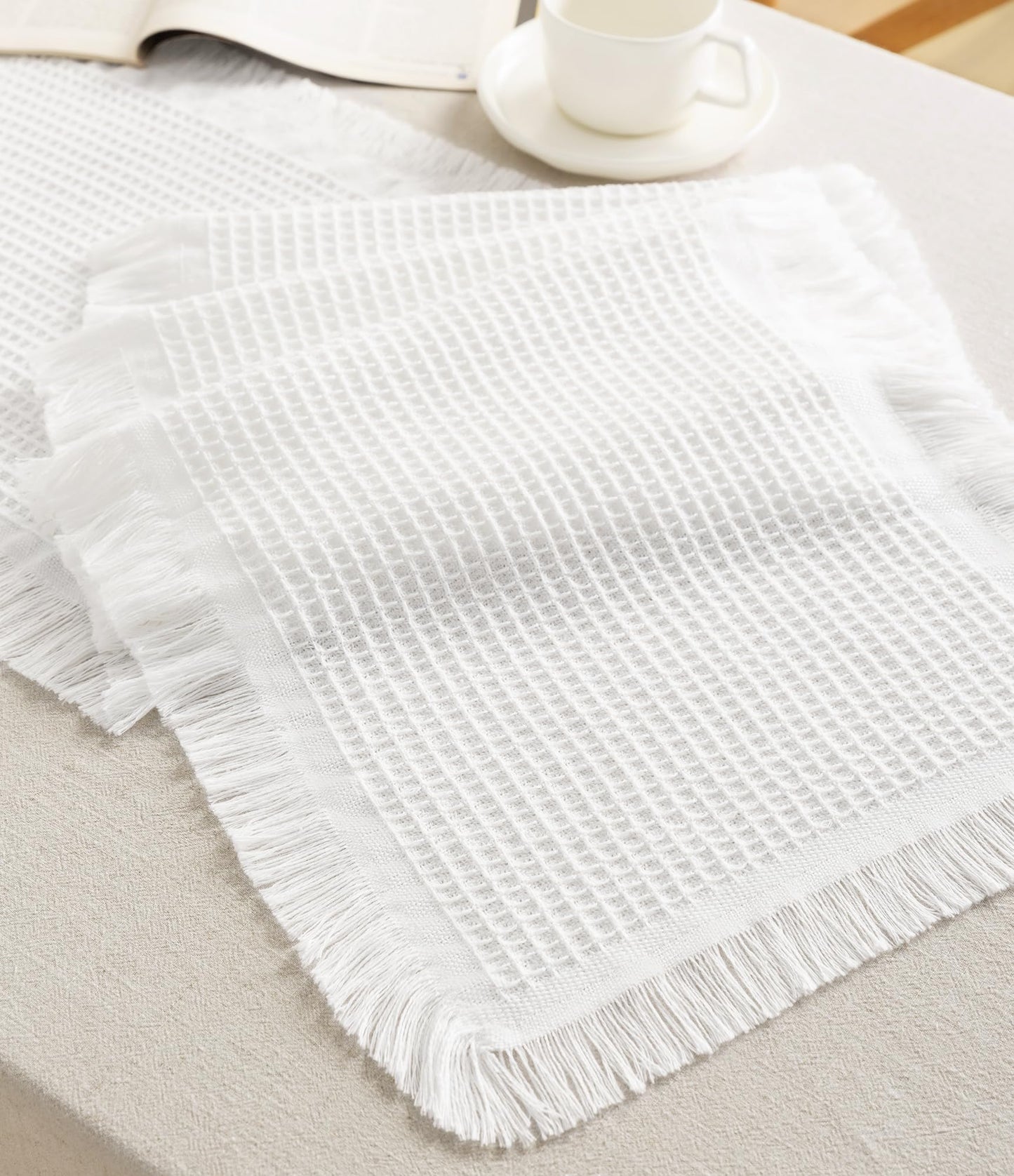 Vitalizart White Table Runner 14"x72" Waffle Weave Boho Rustic Fringe Cotton Farmhouse Table Cloth for Home Decor Coffee Table Bedroom Kitchen Dining Bridal Wedding Baby Shower Decoration