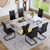 CGHIJDM 71'' Dining Table Set for 6,Modern Dining Room Table Set for 6,Marble Dining Table with 6 PU Leather Dining Chairs,Gold Dining Room Table with Glossy V-Shaped Base Ideal for Kitchen CGHIJDM