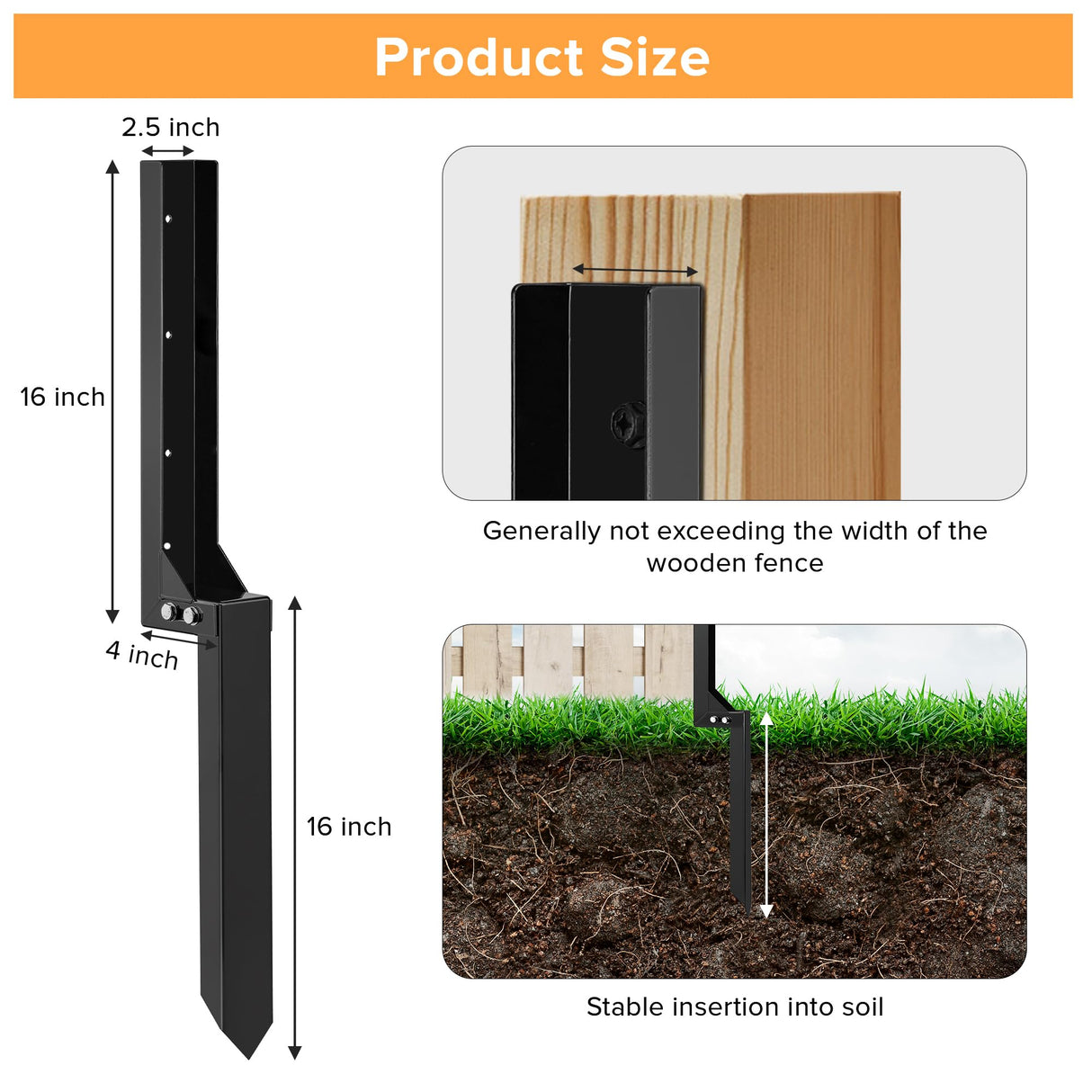 Fence Post Repair Stakes Kit - Heavy Duty Steel Wooden Fence Post Repair Bracket Anchor with Anti-Rust - Quick Fix Broken and Leaning Wood Fence Post Stabilizer Ground Spike (1 Pack) QAZWQAZ