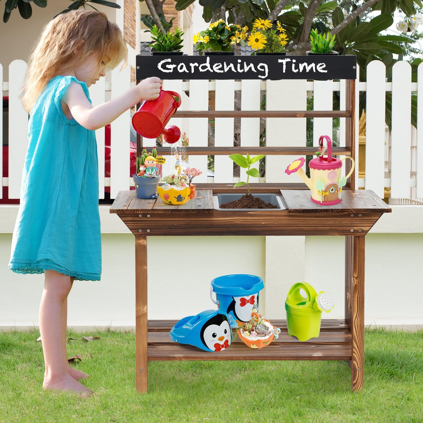 HONEY JOY Kids Potting Bench Table, Fir Wood Garden Potting Benches for Outside, Removable Sink, 4 Flower Pots, Chalkboard, Children Planting Table Work Bench, Mud Kitchen for Kids Outdoor Ba - WoodArtSupply