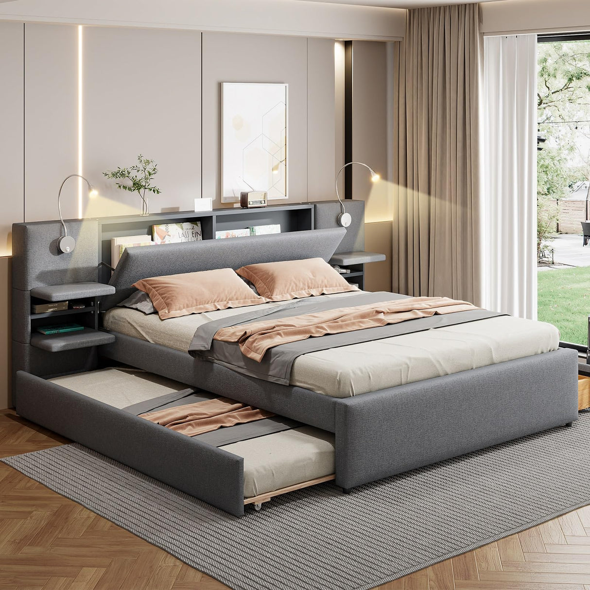 Luxury Queen Bed Frame,Queen Size Trundle Bed Frame with 2 Storage Drawers,Reading Lights, Storage Headboard,Storages Rack,Queen Size Linen Upholstered Platform Bed for Bedroom (Gray, Queen) Firscook