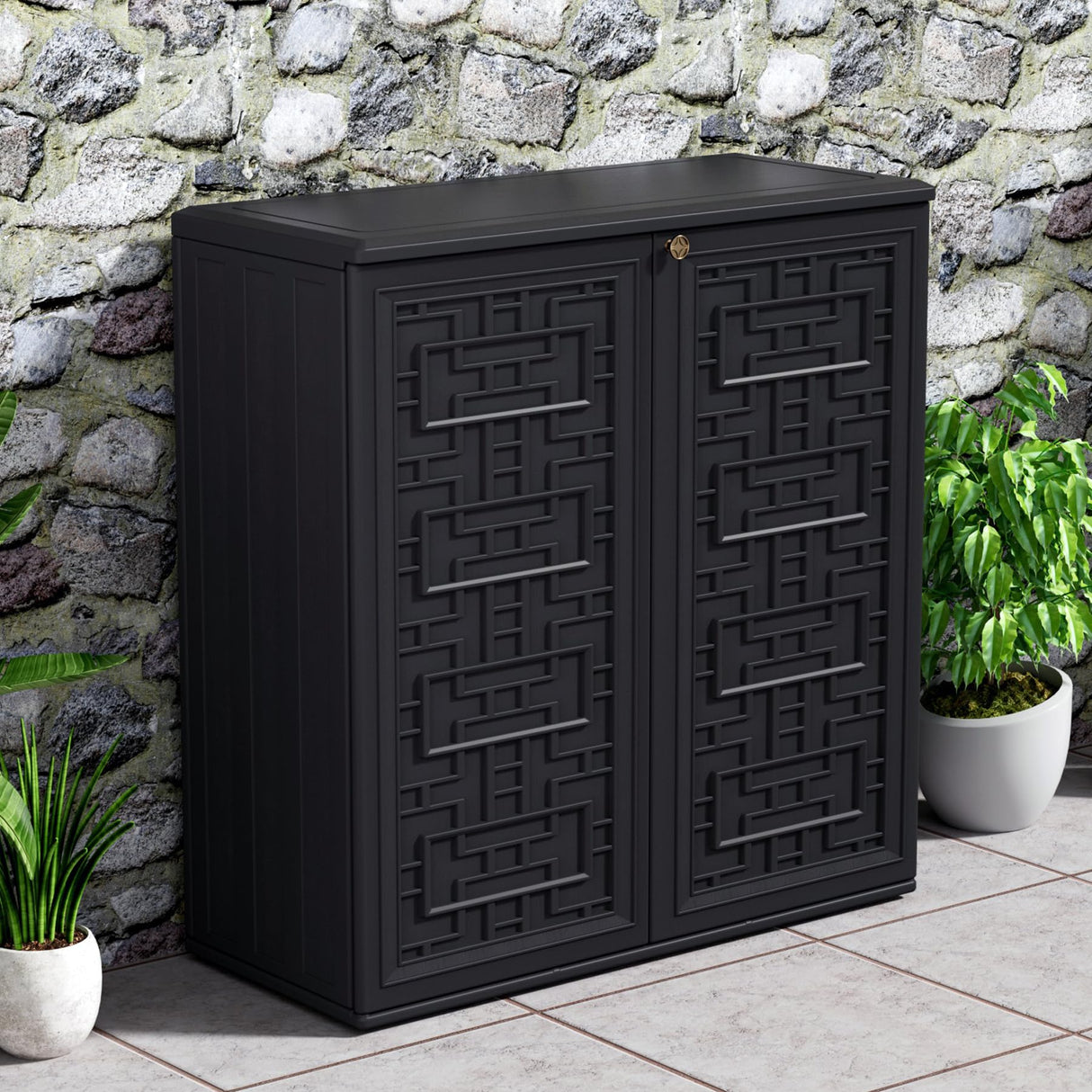 Mrosaa Indoor Outdoor Storage Cabinet Waterproof with Shelf,Plastic Storage Sheds Outdoor Cabinets for Patio/Garden/Backyard, Size 34.3''L*15''W*36.2''H（Black） Mrosaa