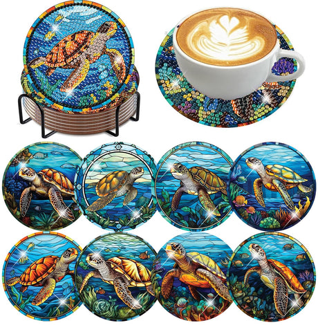 mrpwnle 8 Pack Turtle Diamond Art Coasters Kits, Sea Turtle Diamond Painting Coasters Kits Set with Holder Cork Pads, DIY Diamonds Art Non Slip Coaster Crafts Supplies Kit mrpwnle