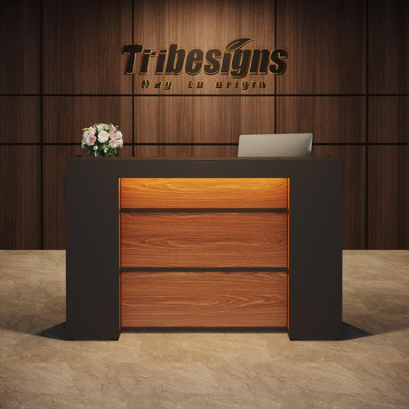 Tribesigns Reception Desk with LED Lights, 63 Inches Front Counter Desk for Checkout, Lobby, Salon, Retail, Modern Large Counter Table for Store Shop Clinic Office (Black&Brown) Tribesigns