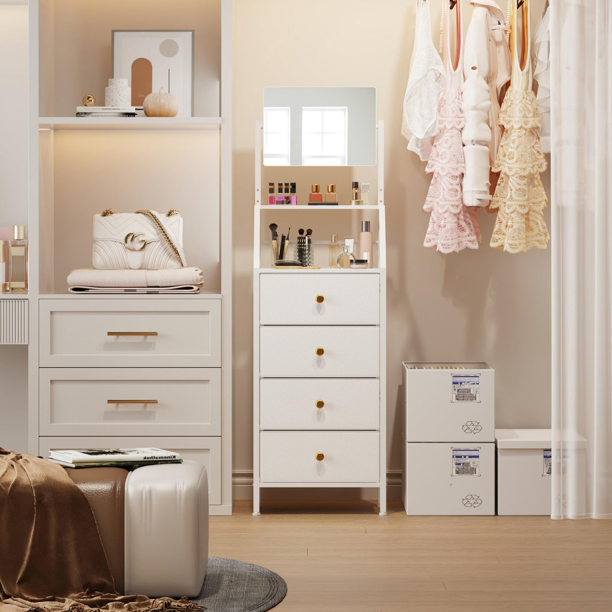 HIGDBFE Dresser with Mirror, 4 Drawers Dresser with 2-Tier Shelves, Freestanding Fabric Chest of Drawers for Small Space, Tall Narrow Nightstand Vanity for Bedroom, Hallway, Dorm, White, 15.3" W HIGDBFE