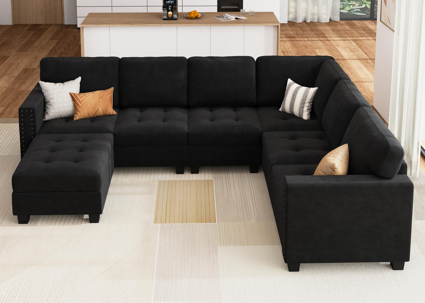 HONBAY Velvet Convertible Sectional Sofa L Shaped Couch with Storage Ottoman Corner Sectional Couch with Reversible Chaise, Black