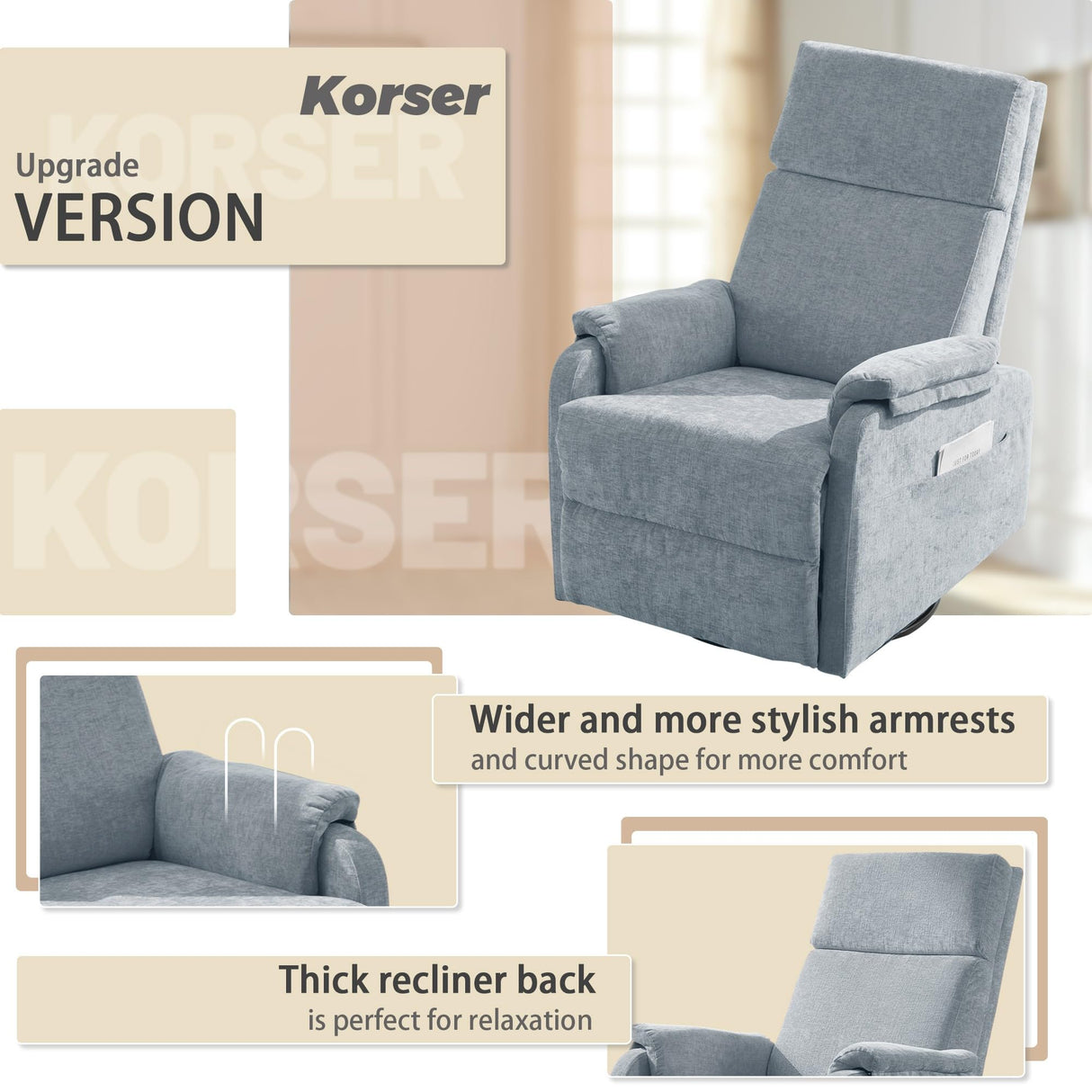 Korser Recliner Chairs, Swivel Rocking Recliner Chair for Adults, Glider Rocking Chair, Small Nursery Chair Recliner for Living Room, Reclining with Modern-Designed Armrests, Chenille, Blue Korser