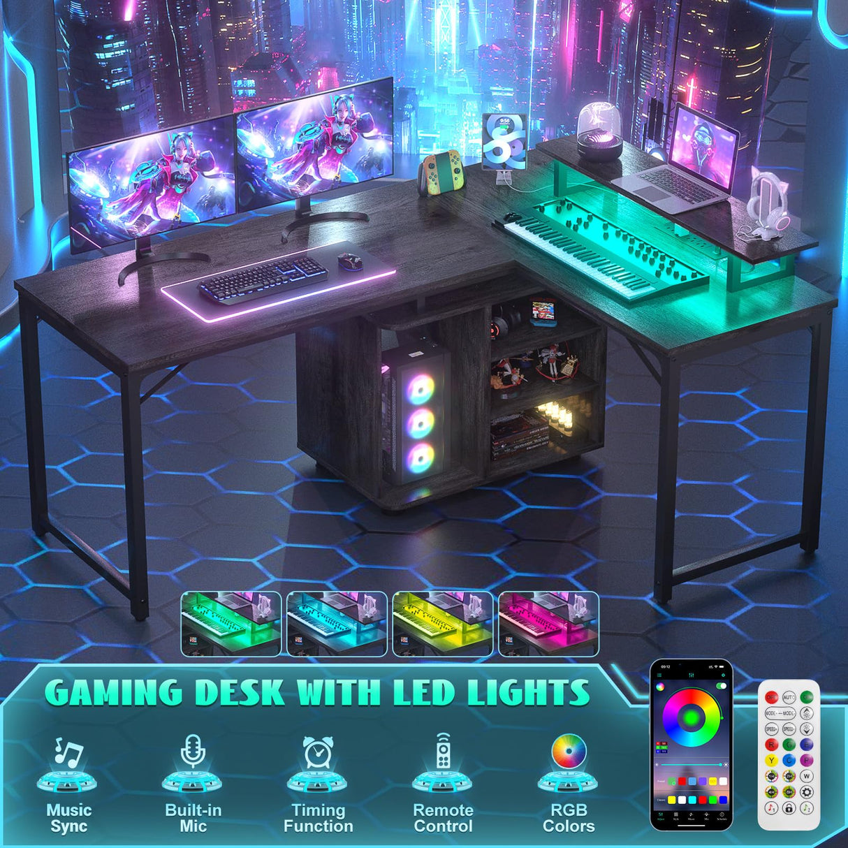 Cyclysio L Shaped Gaming Desk with Wood Cabinet, 58" Large Corner Desk with LED Lights & Power Outlet, Reversible Computer Desk with Monitor Stand, Home Office Desk 2 Person Corner Desk, Grey Oak Cyclysio