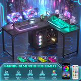 Cyclysio L Shaped Gaming Desk with Wood Cabinet, 58" Large Corner Desk with LED Lights & Power Outlet, Reversible Computer Desk with Monitor Stand, Home Office Desk 2 Person Corner Desk, Grey Oak Cyclysio