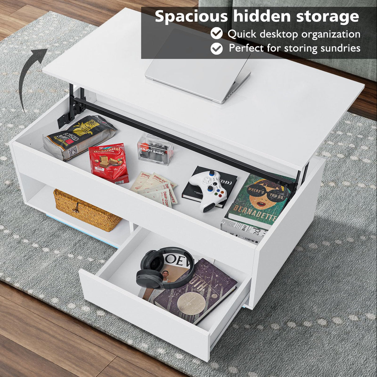 LED Coffee Table White Lift Top Coffee Table with Storage Modern Tea Table with Drawer Lift Up Dining Center Table with LED Light for Living Room Home Office HOMMPA